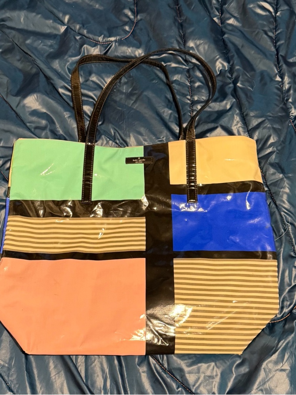 kate spade Colorblock Patent Tote in Mint, Peach, Cobalt & Black